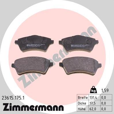 Zimmermann 23615.175.1 - Комплект спирачно феродо, дискови спирачки vvparts.bg