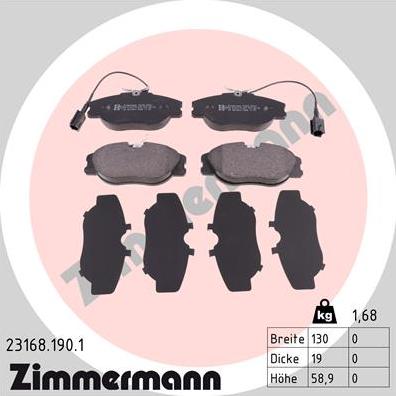 Zimmermann 23168.190.1 - Комплект спирачно феродо, дискови спирачки vvparts.bg