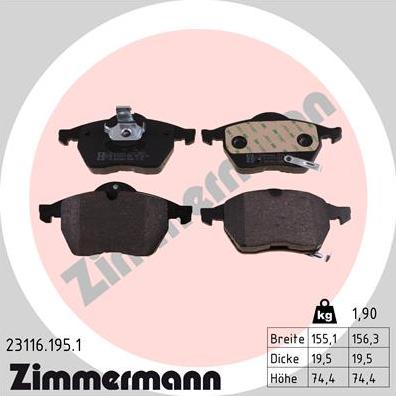 Zimmermann 23116.195.1 - Комплект спирачно феродо, дискови спирачки vvparts.bg