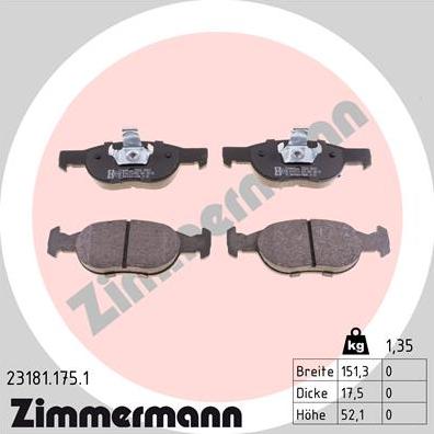 Zimmermann 23181.175.1 - Комплект спирачно феродо, дискови спирачки vvparts.bg