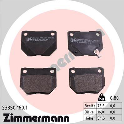 Zimmermann 23850.160.1 - Комплект спирачно феродо, дискови спирачки vvparts.bg