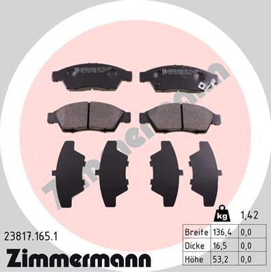 Zimmermann 23817.165.1 - Комплект спирачно феродо, дискови спирачки vvparts.bg