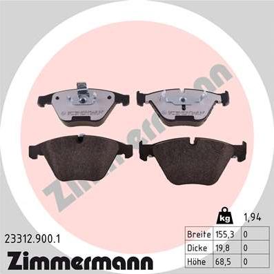 Zimmermann 23312.900.1 - Комплект спирачно феродо, дискови спирачки vvparts.bg