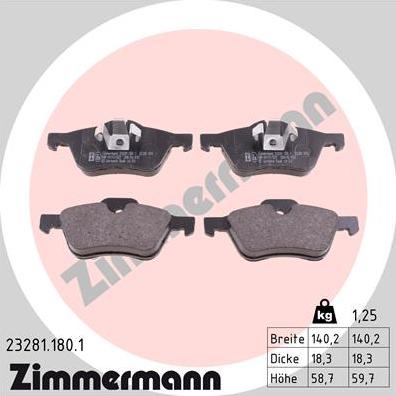 Zimmermann 23281.180.1 - Комплект спирачно феродо, дискови спирачки vvparts.bg