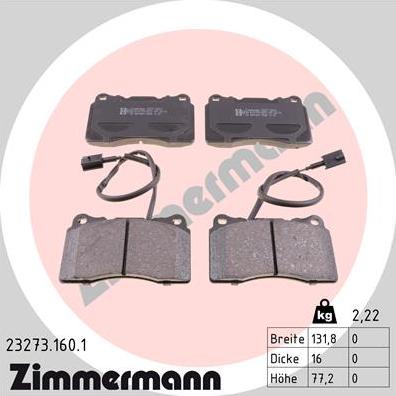 Zimmermann 23273.160.1 - Комплект спирачно феродо, дискови спирачки vvparts.bg