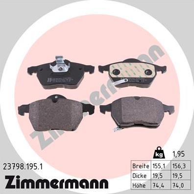 Zimmermann 23798.195.1 - Комплект спирачно феродо, дискови спирачки vvparts.bg