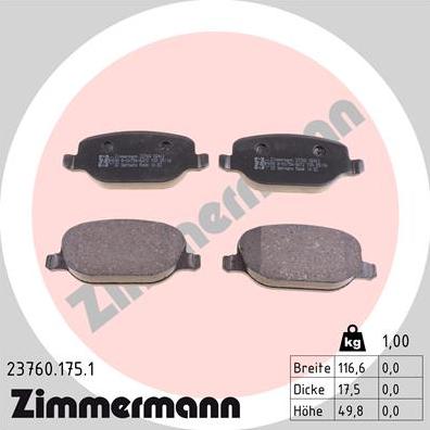 Zimmermann 23760.175.1 - Комплект спирачно феродо, дискови спирачки vvparts.bg