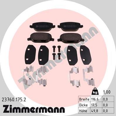 Zimmermann 23760.175.2 - Комплект спирачно феродо, дискови спирачки vvparts.bg