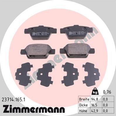 Zimmermann 23714.165.1 - Комплект спирачно феродо, дискови спирачки vvparts.bg