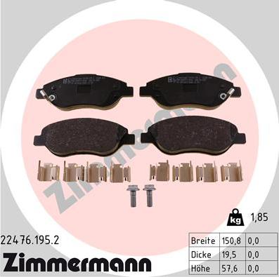 Zimmermann 22476.195.2 - Комплект спирачно феродо, дискови спирачки vvparts.bg