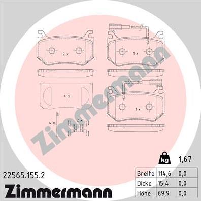 Zimmermann 22565.155.2 - Комплект спирачно феродо, дискови спирачки vvparts.bg