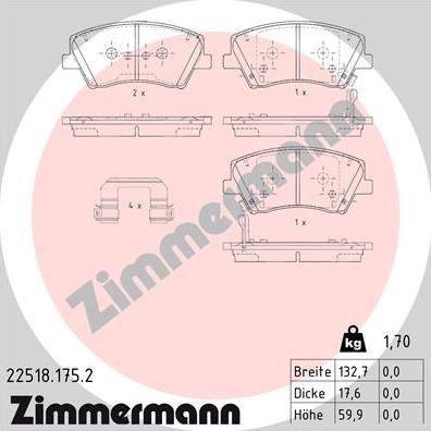 Zimmermann 22518.175.2 - Комплект спирачно феродо, дискови спирачки vvparts.bg