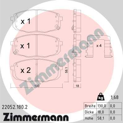 Zimmermann 22052.180.2 - Комплект спирачно феродо, дискови спирачки vvparts.bg