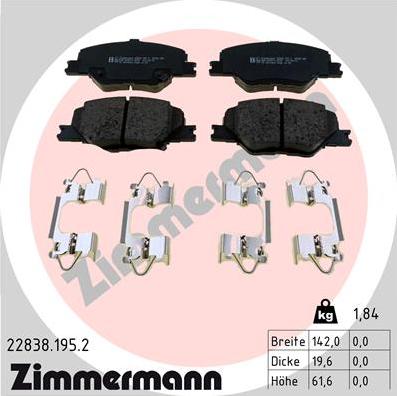 Zimmermann 22838.195.2 - Комплект спирачно феродо, дискови спирачки vvparts.bg