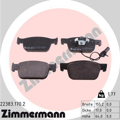 Zimmermann 22383.170.2 - Комплект спирачно феродо, дискови спирачки vvparts.bg