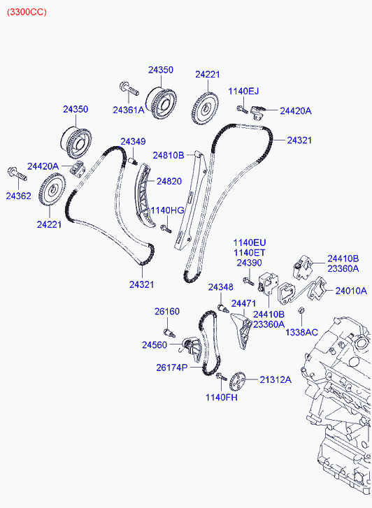 Hyundai 24410-3C100 - Комплект ангренажна верига vvparts.bg