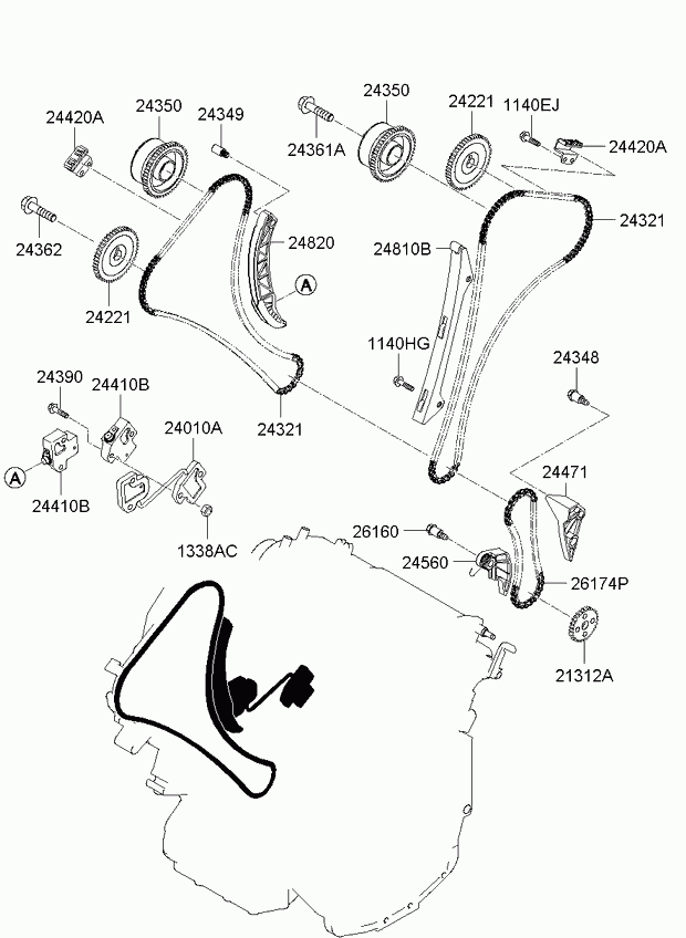 KIA 24388-25001 - Верига к-кт, задвижване маслена помпа vvparts.bg