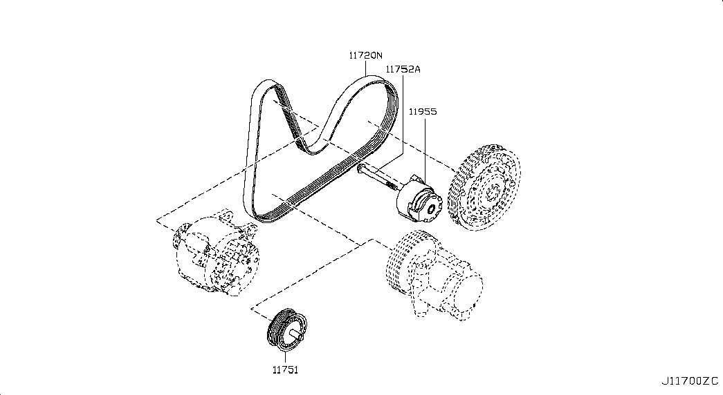 Infiniti 11955-00Q1F - Ремъчен обтегач, пистов ремък vvparts.bg